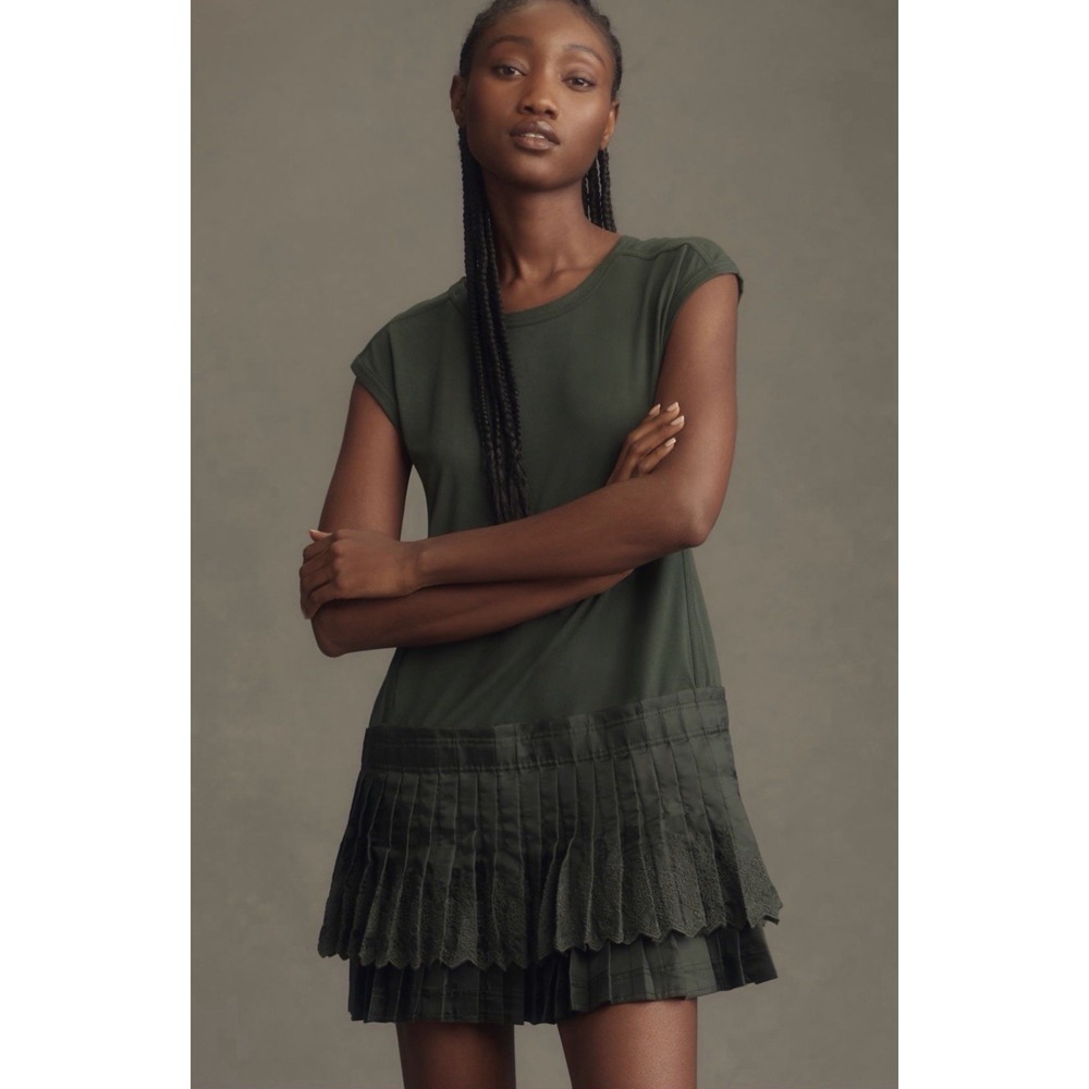 Daily Practice Anthropologie Solid Set Mini Dress Sz XS Pleated Drop Waist Lace